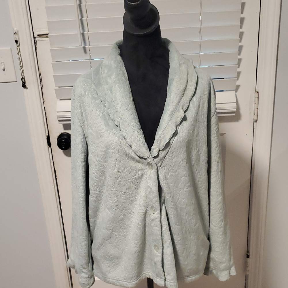 Karen Neuburger Green Teddy Jacket Cozy Casual Style